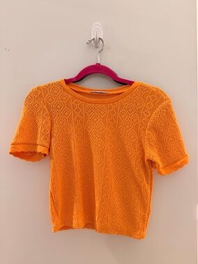 Zara Orange Openwork Knit Short-Sleeve Top